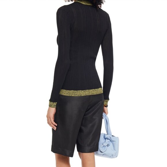 GANNI Ribbed Cotton Blend Sweater Black Metallic Contrast Trim - Picture 2 of 11